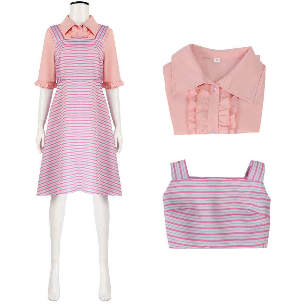 Wicked Glinda Pink Women Stripe Dress Outfit Carnival Cosplay Costume - zzcosplay