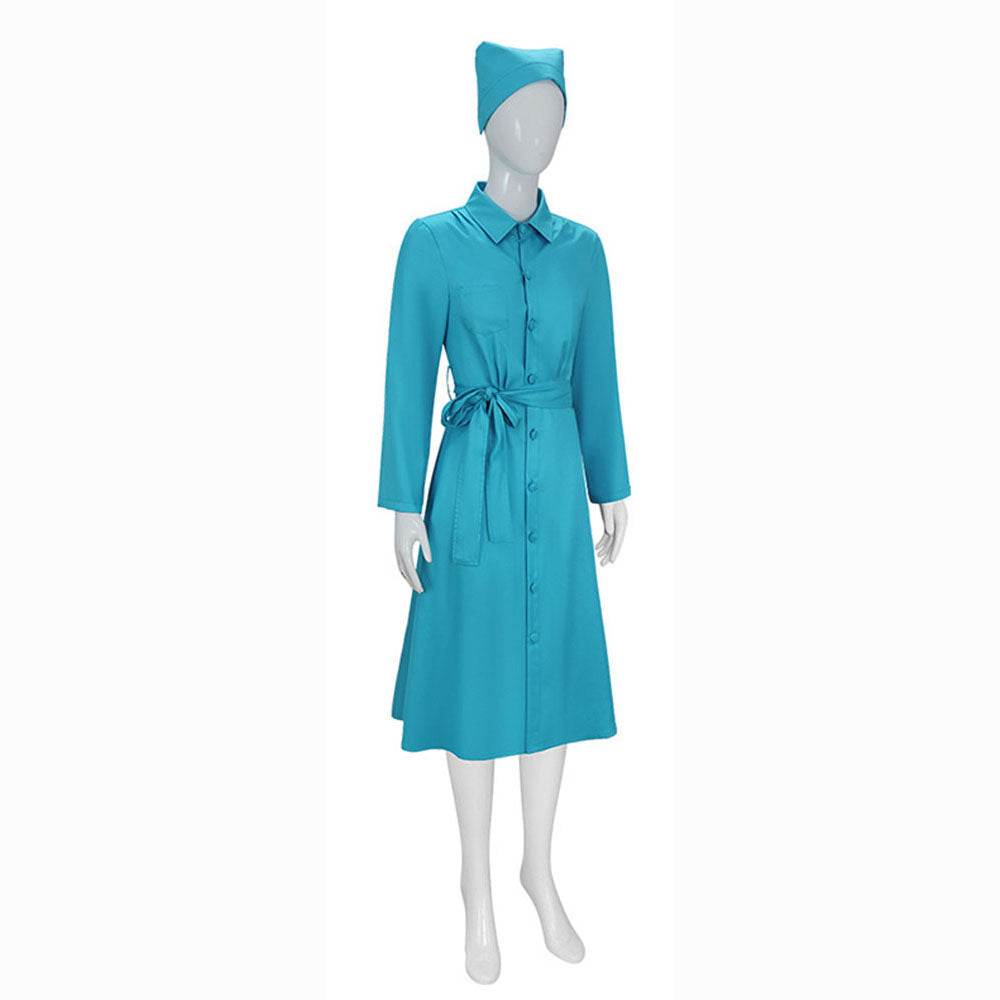 Ratched Cosplay Costume Blue Nurse Dress with Belt and Hat for Halloween - zzcosplay