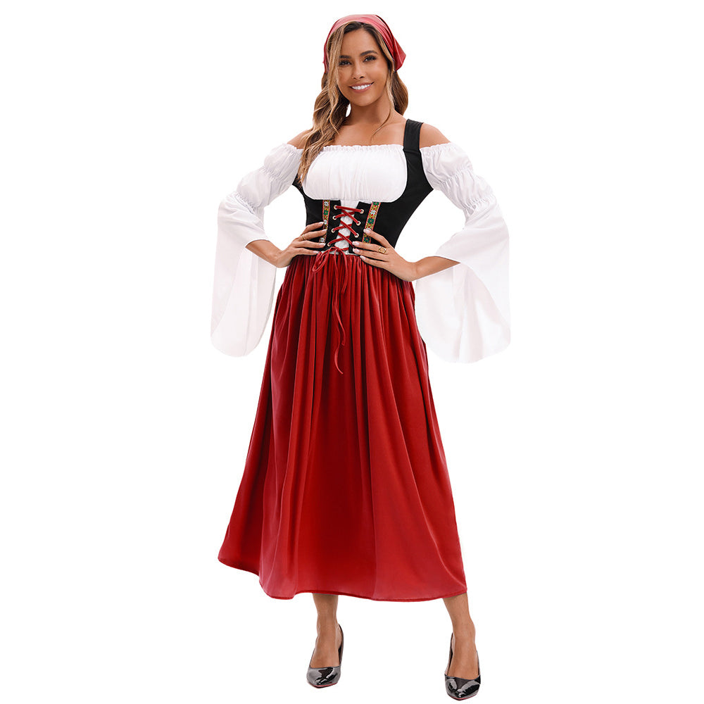 Medieval Farm Maid Oktoberfest Long Dress Costume for Women - ZZCOSPLAY