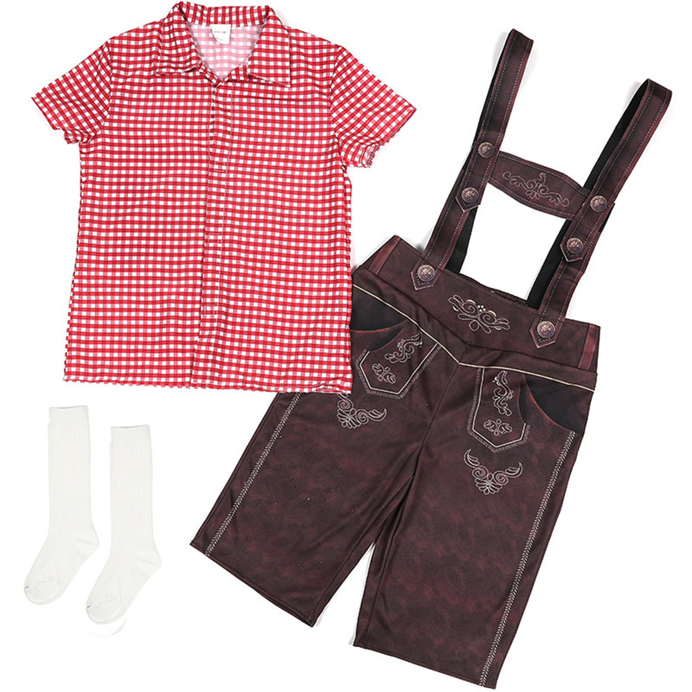 Boy Oktoberfest Costume Set Overalls with plaid shirt socks Halloween - ZZCOSPLAY
