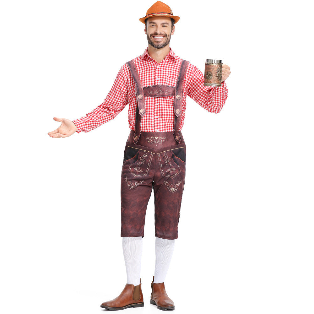 Men's Bavarian Lederhosen Oktoberfest Overalls Plaid Shirt Costume - ZZCOSPLAY