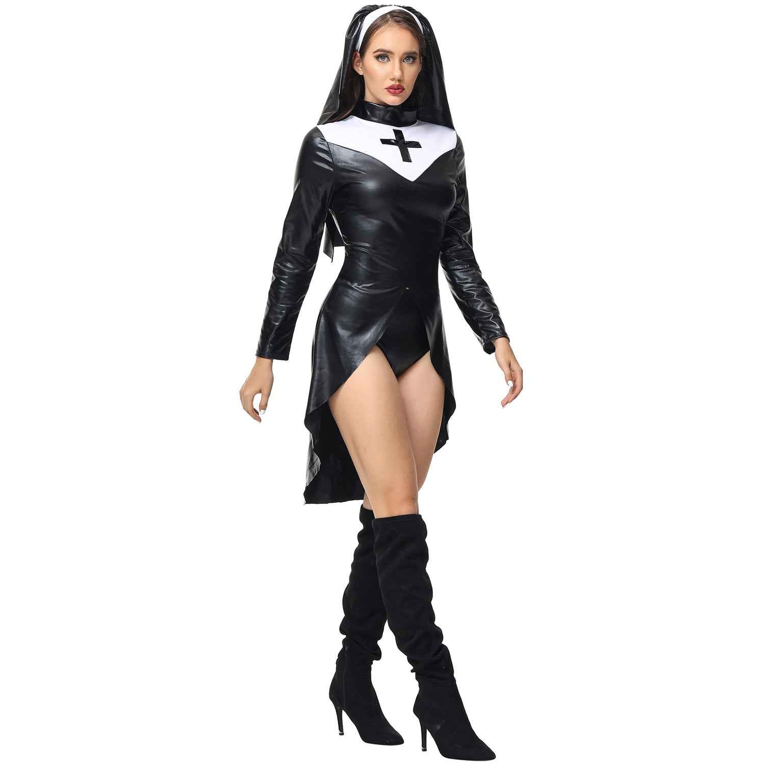 PU Leather Punk Nun Costume for Women Halloween
