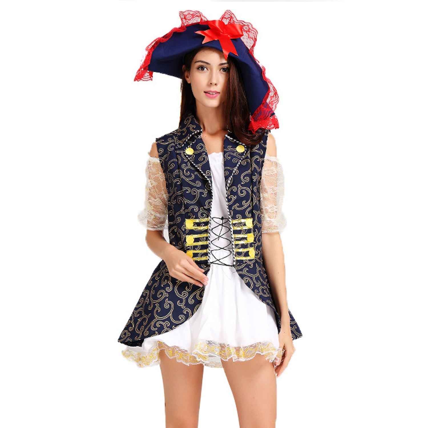 Blue Pattern Pirate Uniform Costume For Party Women Halloween
