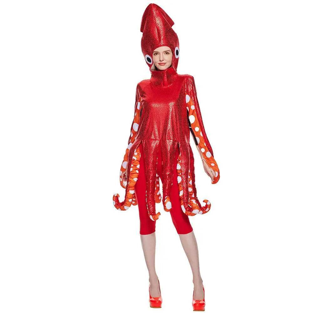 Adult Spoof Squid Costume Red Leggings Jumpsuit Funny Novelty Halloween Cosplay Costume - zzcosplay