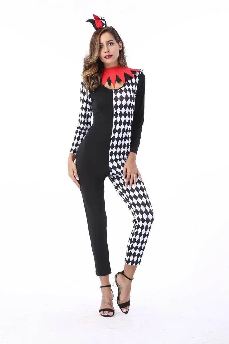 Adult Women Circus Clown Harlequin Jester Halloween Costume Jumpsuit - zzcosplay