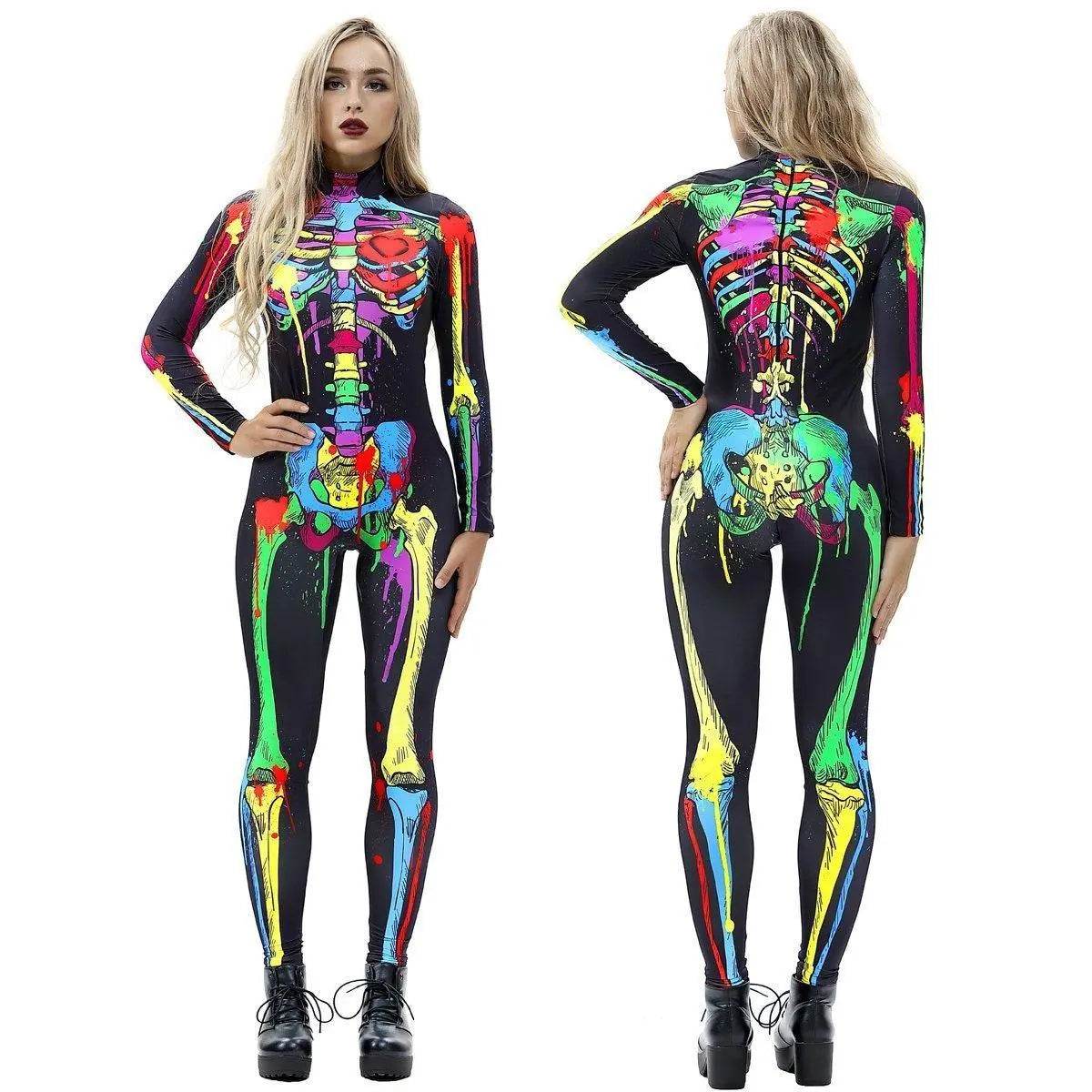 Coloful Skull Halloween Cosplay Costume Bodycon Jumpsuit for Women - zzcosplay