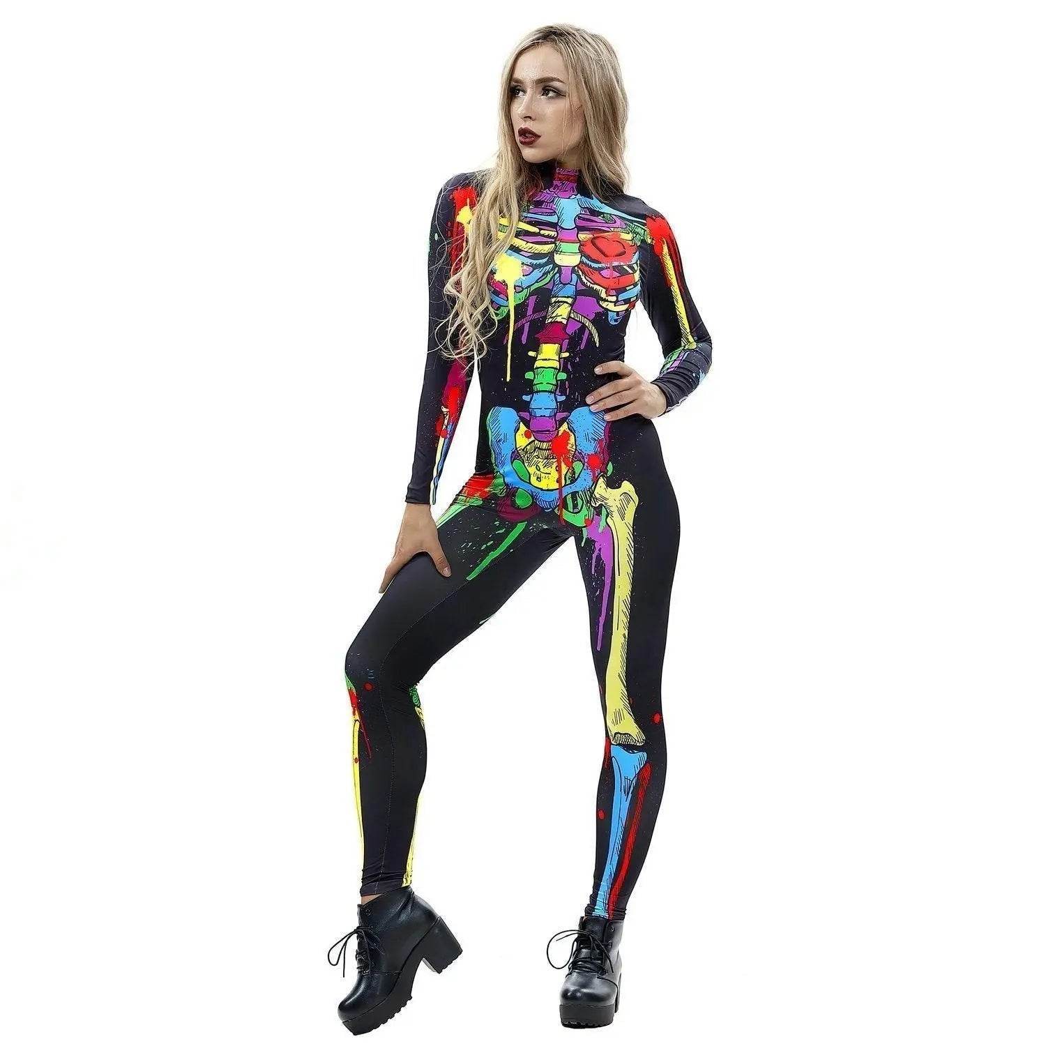 Coloful Skull Halloween Cosplay Costume Bodycon Jumpsuit for Women - zzcosplay