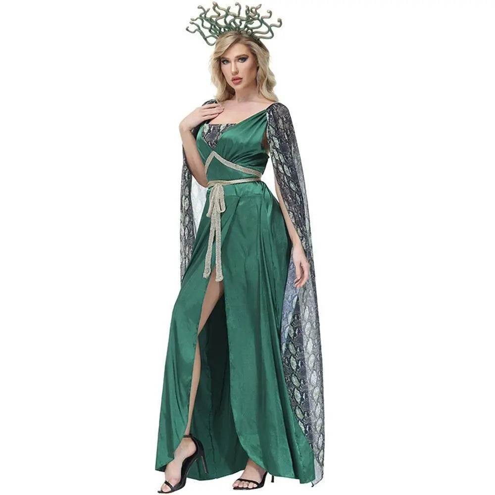 Dark green snake print slit dress mythical siren Medusa dress Halloween Costumes for adult - zzcosplay