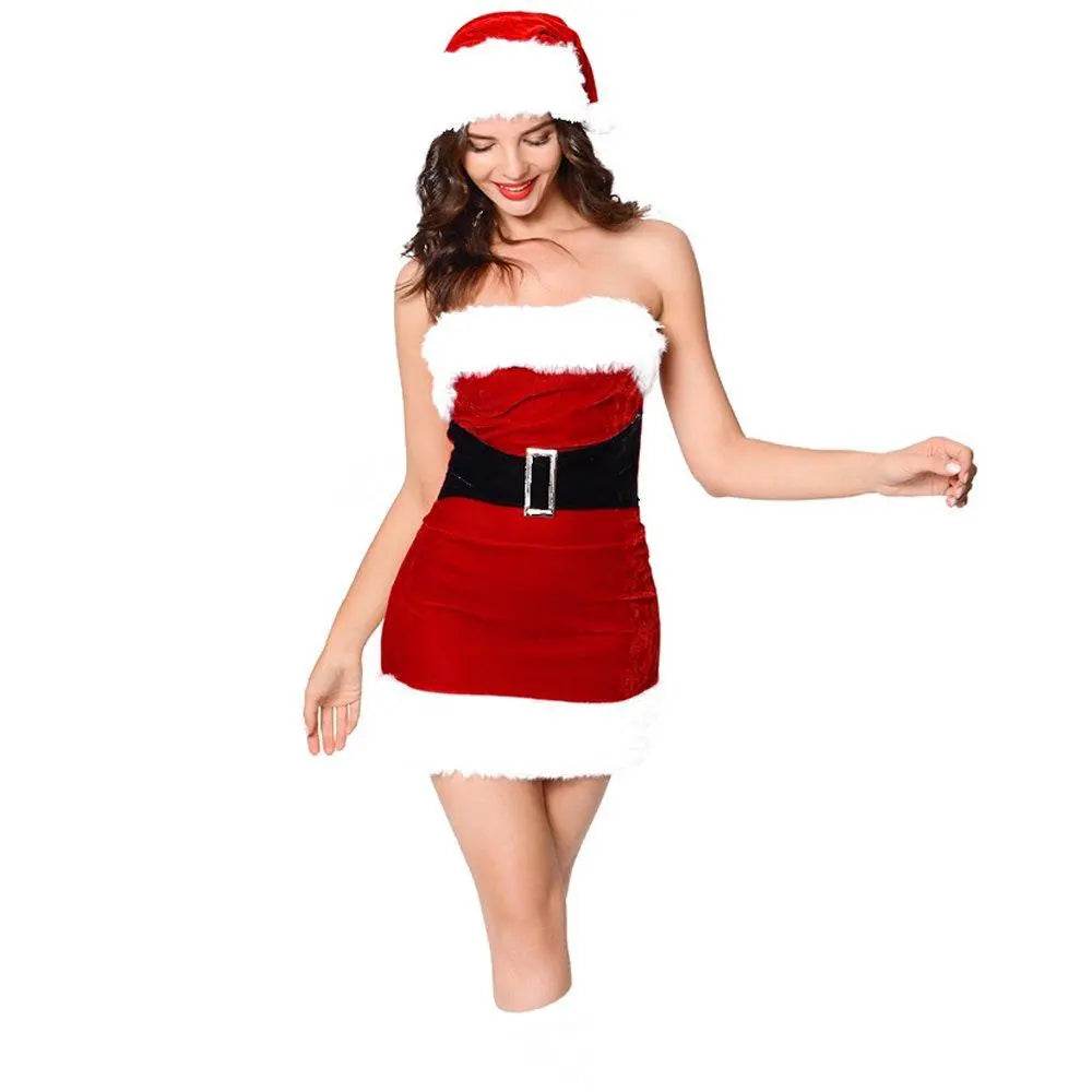 Furry Christmaas Sexy Red Costume Tube Dresses with Chirstmas Hat For Adult - zzcosplay