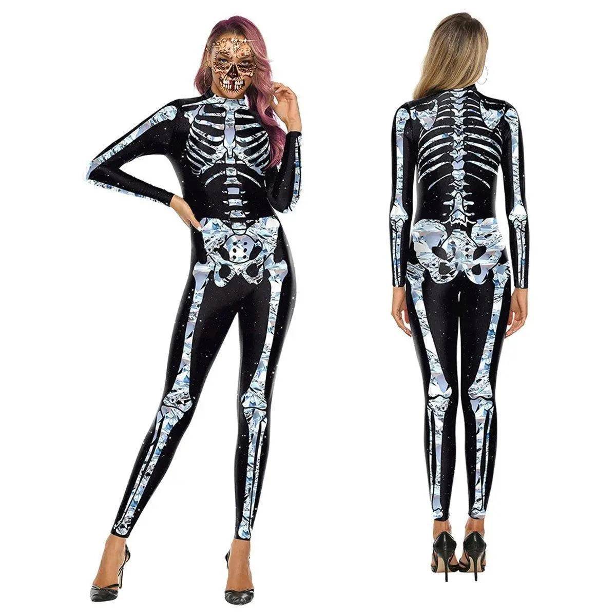 Halloween White Skeleton Elastic Bodycon Jumpsuit Cosplay Costume - zzcosplay
