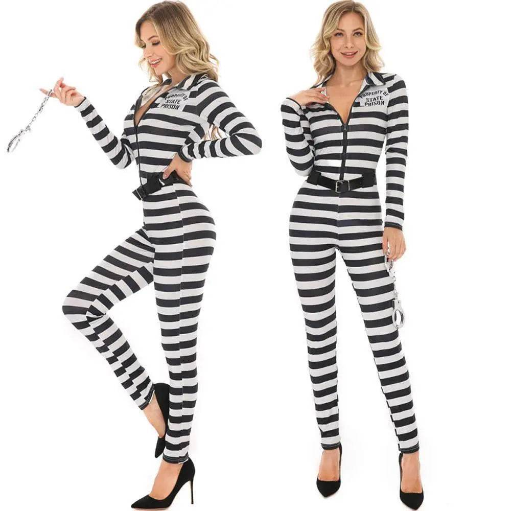 Halloween woman black and white striped prisoner costume - zzcosplay