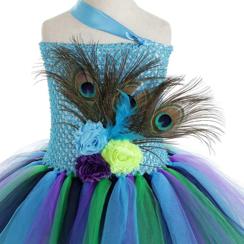 Kids Sequin Peacock Feather Costume Girls Easter Carnival Party Dress - zzcosplay