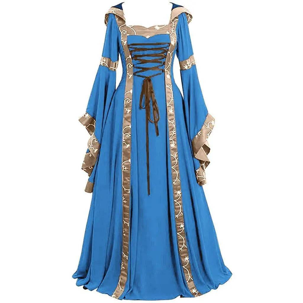 Medieval Retro Hooded Dress Costume Square Neck Tie Trumpet Sleeves Big Swing Skirt - zzcosplay