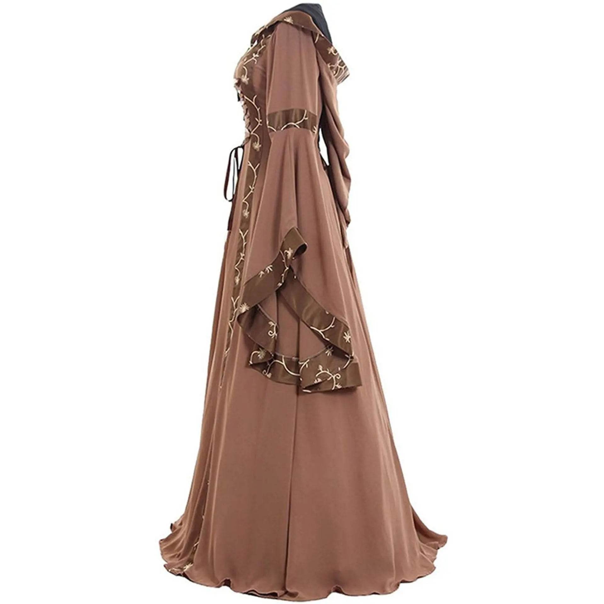 Medieval Retro Hooded Dress Costume Square Neck Tie Trumpet Sleeves Big Swing Skirt - zzcosplay