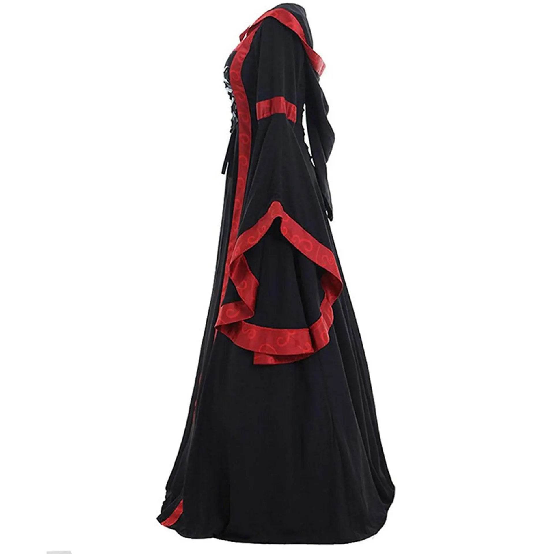 Medieval Retro Hooded Dress Costume Square Neck Tie Trumpet Sleeves Big Swing Skirt - zzcosplay