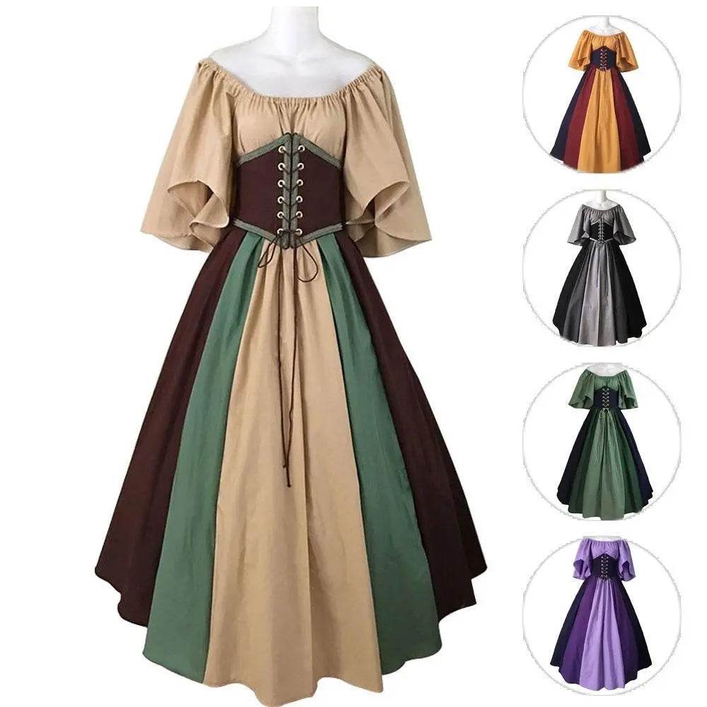 Medieval retro flying sleeves tie waist long one shoulder dress For Women - zzcosplay
