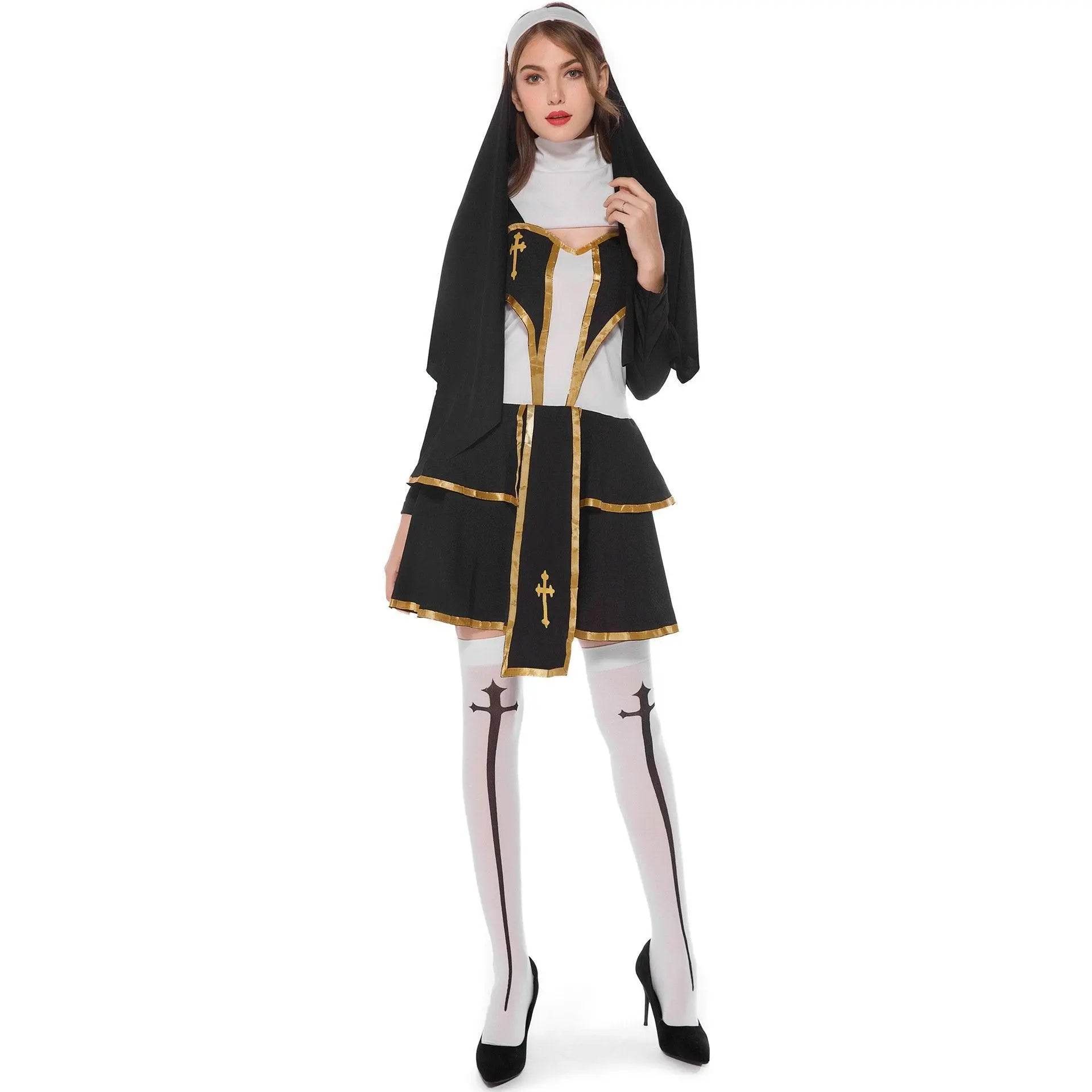 Pastor Fr Nun Couples Costume Halloween Outfits Cosplay Party Carnival - zzcosplay
