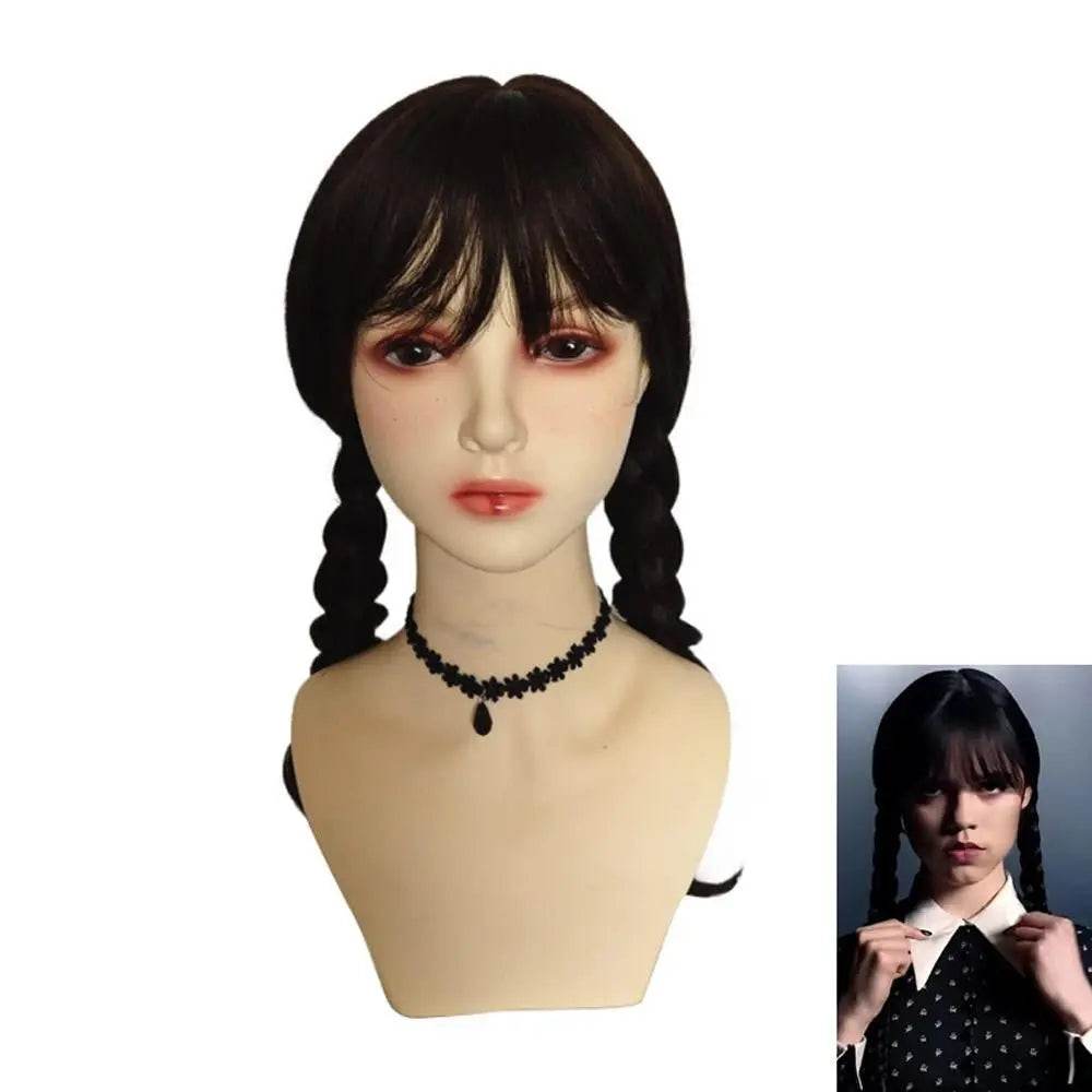 Wednesday Wig The Addams Family Cosplay Black Double Ponytail Braid Wig For Adult - zzcosplay