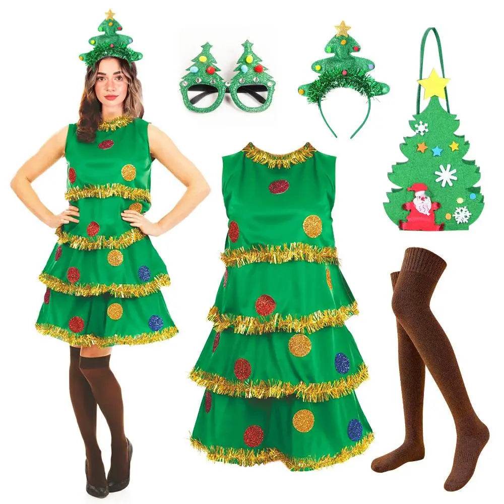 Women Christmas Tree Costume Green Elf Skirt Set - zzcosplay