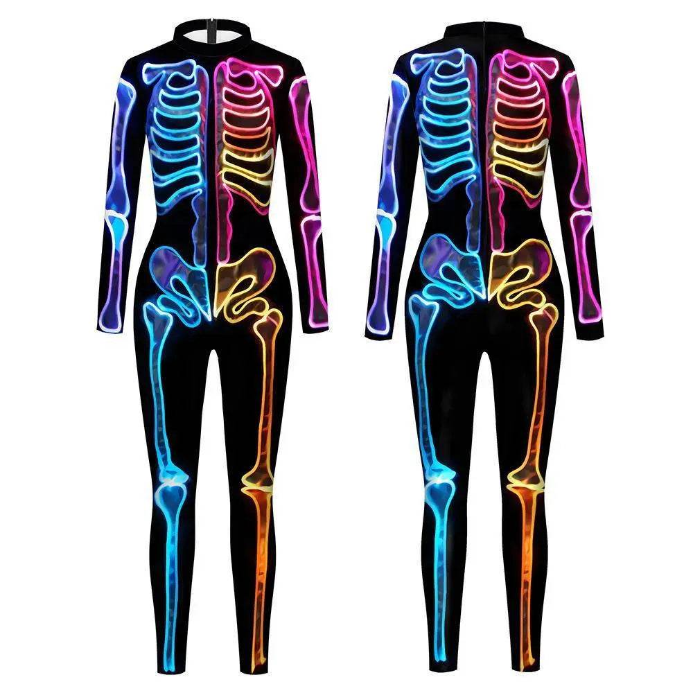 Women Halloween Jumpsuit Skull Cosplay Costume Funny Skeleton Halloween Bodysuit Skinny Catsuit - zzcosplay