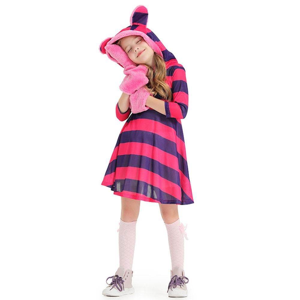 Purple Striped The Cheshire Cat Dress Halloween Outfits Carnival Cosplay Costume For Kids - zzcosplay
