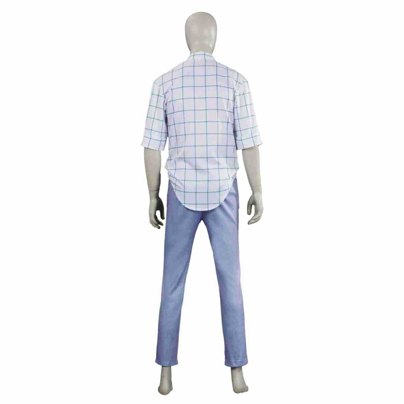 Back view of Kpop Demon Hunters Jinu costume featuring checkered shirt and light blue pants