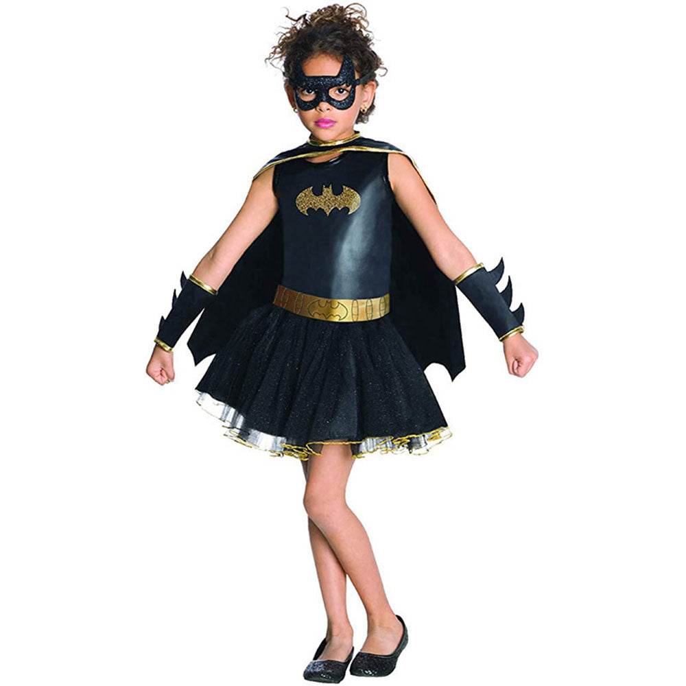 Black Bat man Costume Halloween For Kids Girl Full Set With Cape - zzcosplay