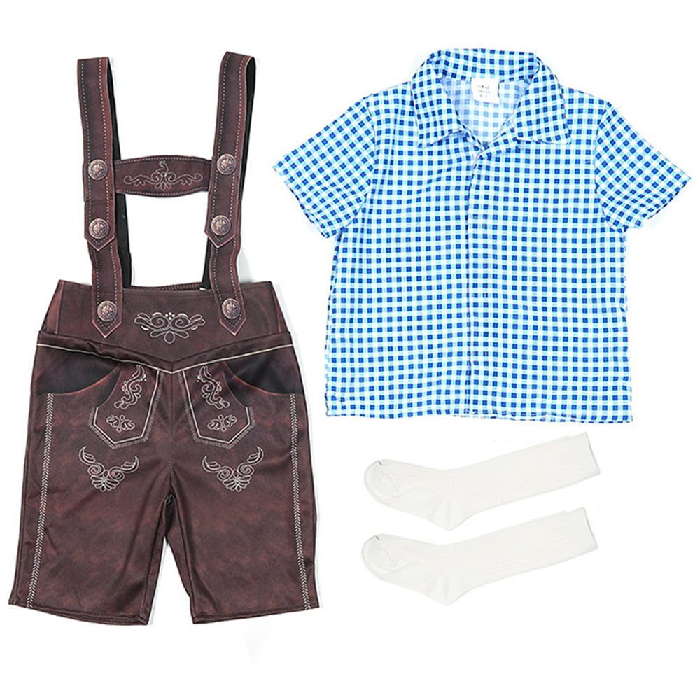 Boy Oktoberfest Costume Set Overalls with plaid shirt socks Halloween - ZZCOSPLAY