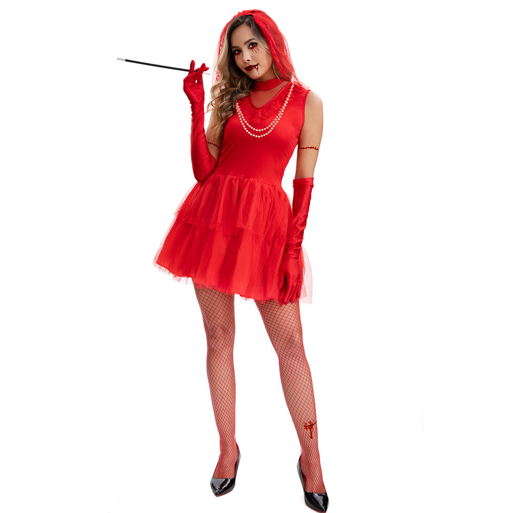 Red Ghost Corpse Bride Costume Red Wedding Dress Halloween - ZZCOSPLAY