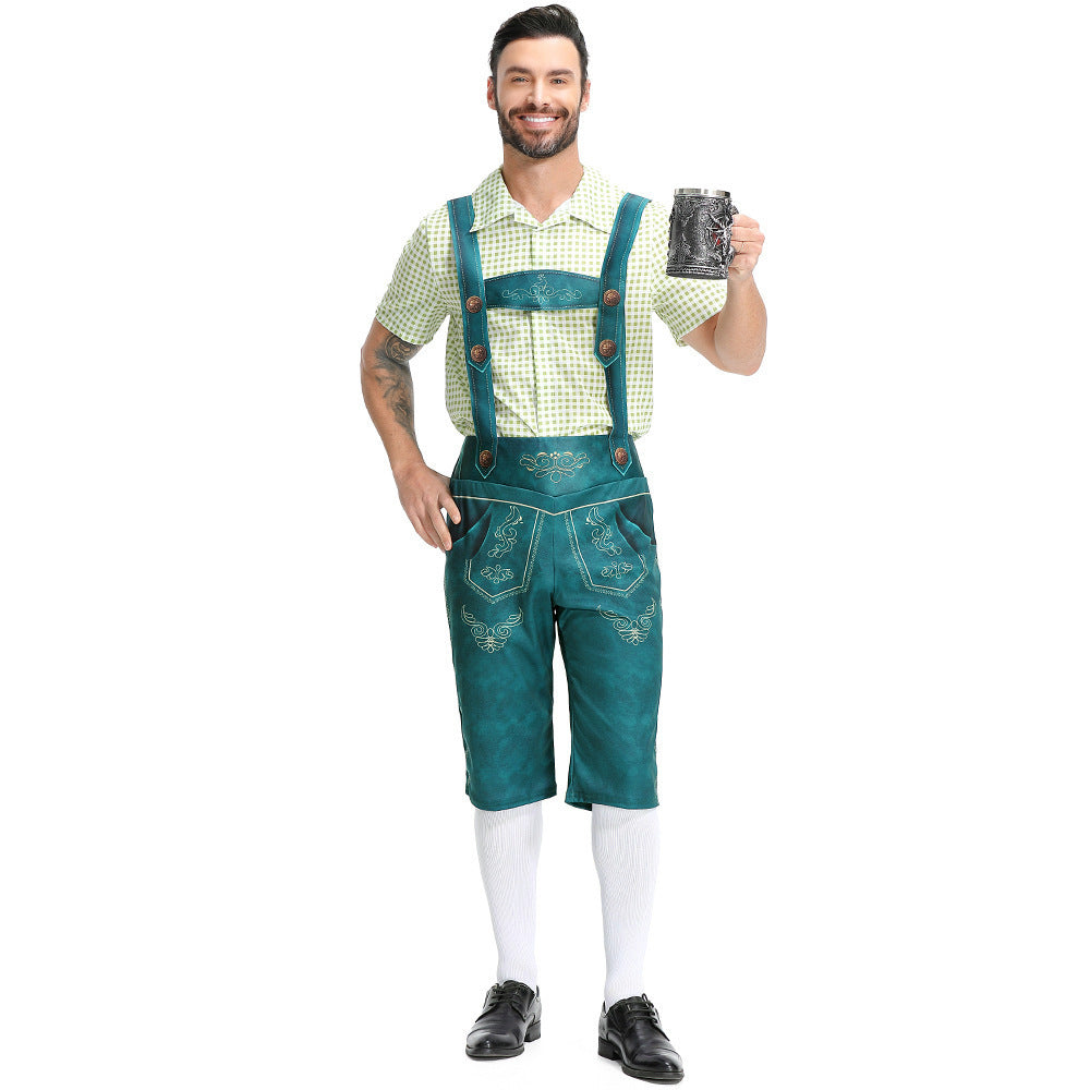 Men's Bavarian Lederhosen Oktoberfest Overalls Plaid Shirt Costume - ZZCOSPLAY