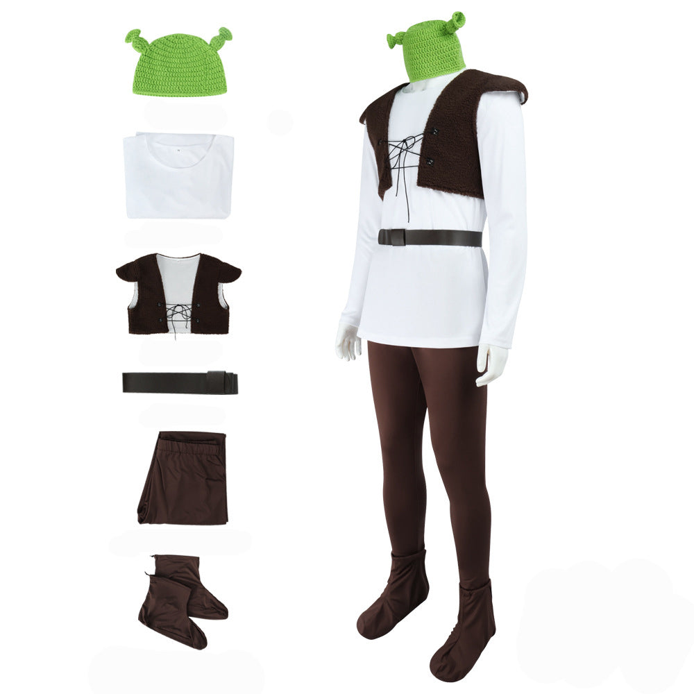Shrek Green Monster Cosplay Mens Costume Halloween Full fleece Vest Outfit Set - ZZCOSPLAY
