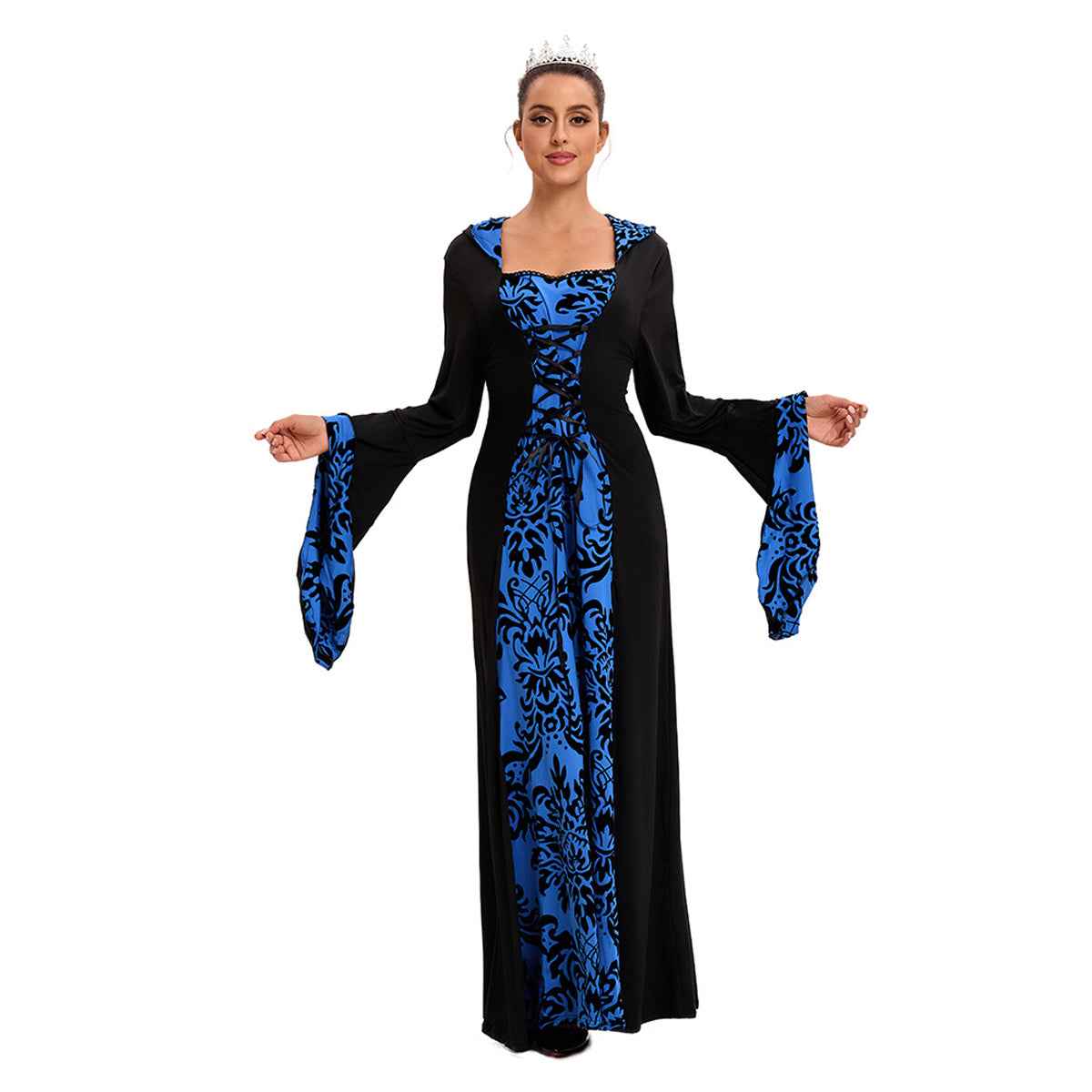 Medieval Hooded Swing Dress Costume Printed Retro Long Sleeves