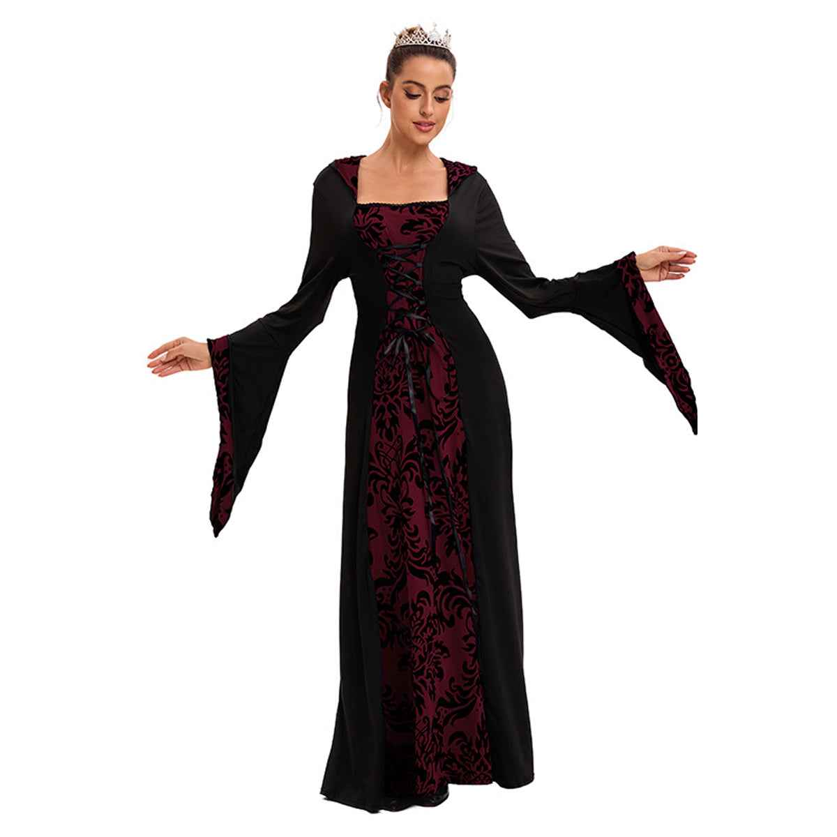 Medieval Hooded Swing Dress Costume Printed Retro Long Sleeves