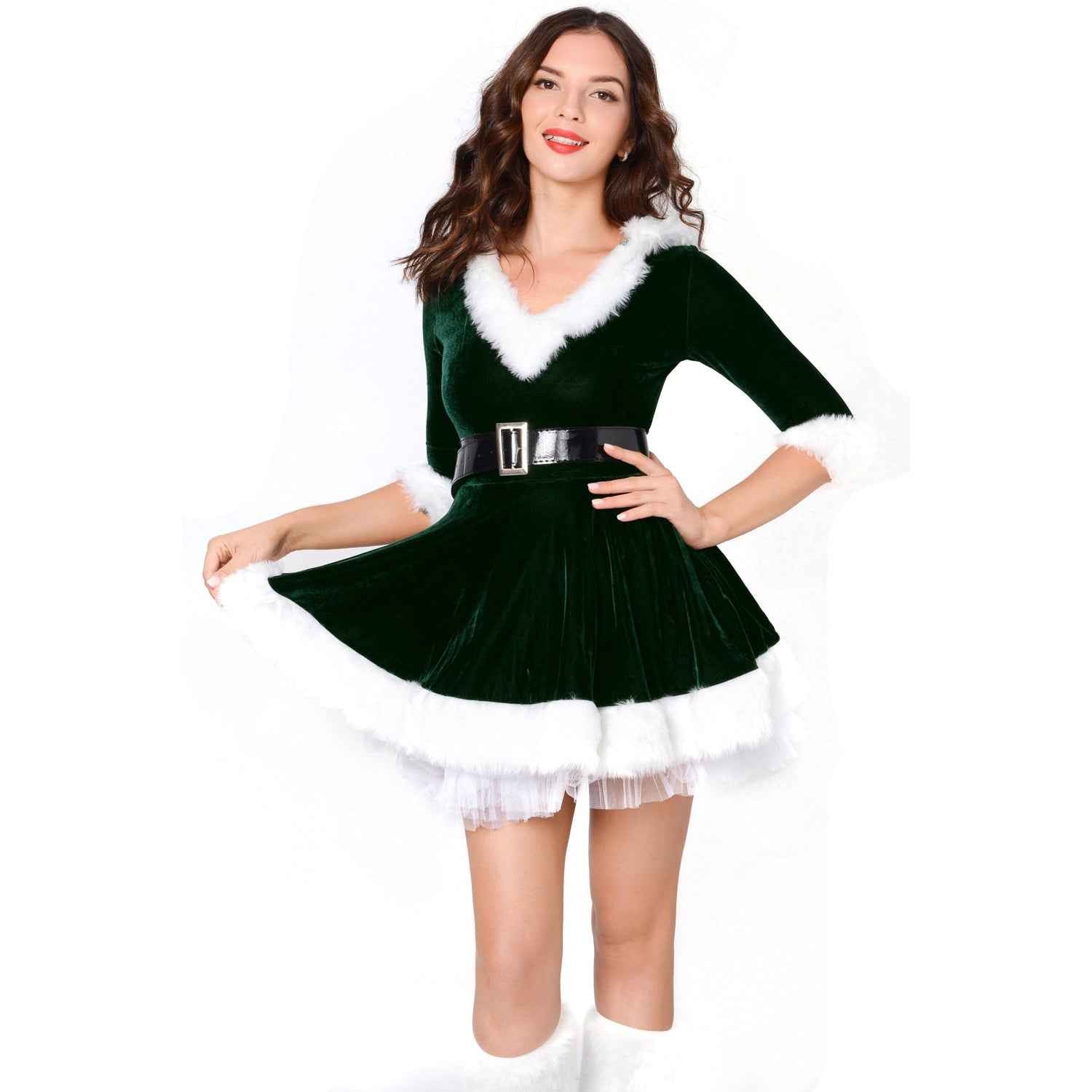 Women Christmas Costume Red and Green Santa Velvet Christmas Hoddie Dress