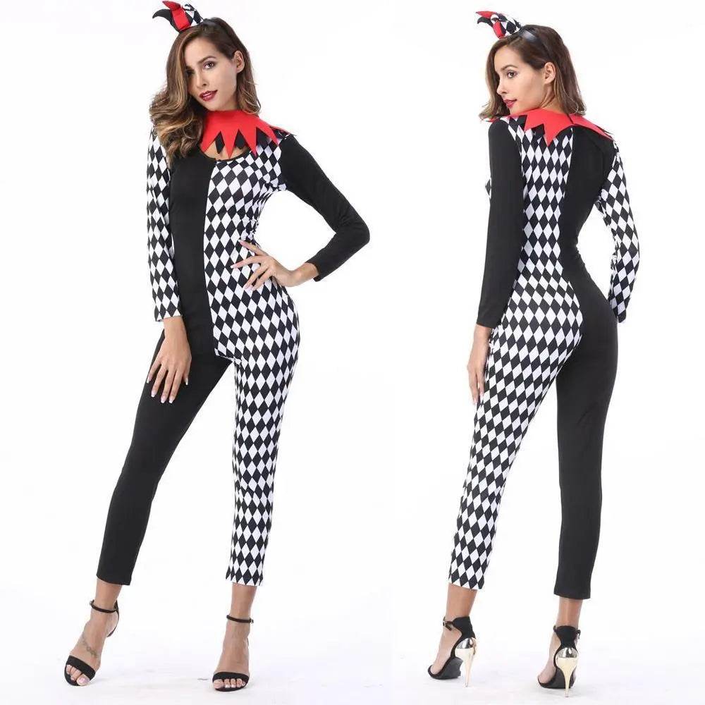 Adult Women Circus Clown Harlequin Jester Halloween Costume Jumpsuit - zzcosplay