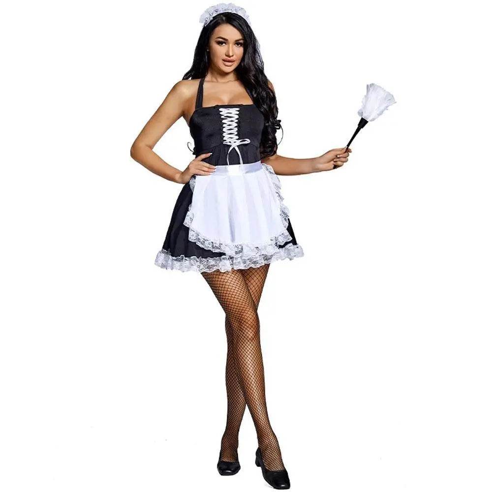 Black and white suspenders Japanese style maid Costume work clothes housekeeper lace short skirt - zzcosplay