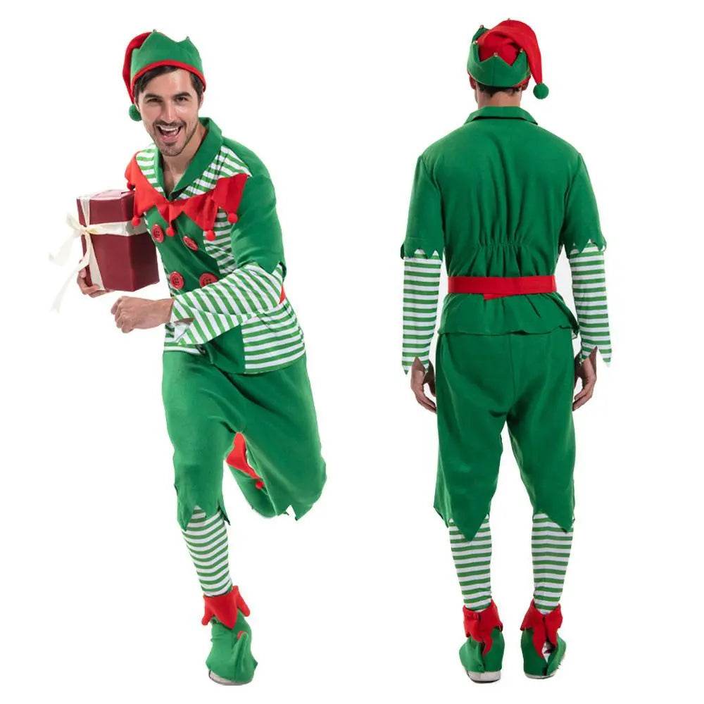 Christmas Elf Adult Men Costume with Elf Hat Stripes Design for Christmas Parties - zzcosplay