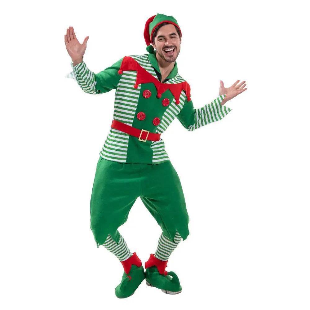 Christmas Elf Adult Men Costume with Elf Hat Stripes Design for Christmas Parties - zzcosplay