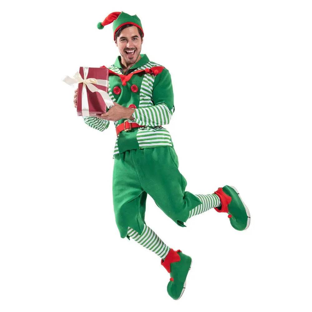 Christmas Elf Adult Men Costume with Elf Hat Stripes Design for Christmas Parties - zzcosplay