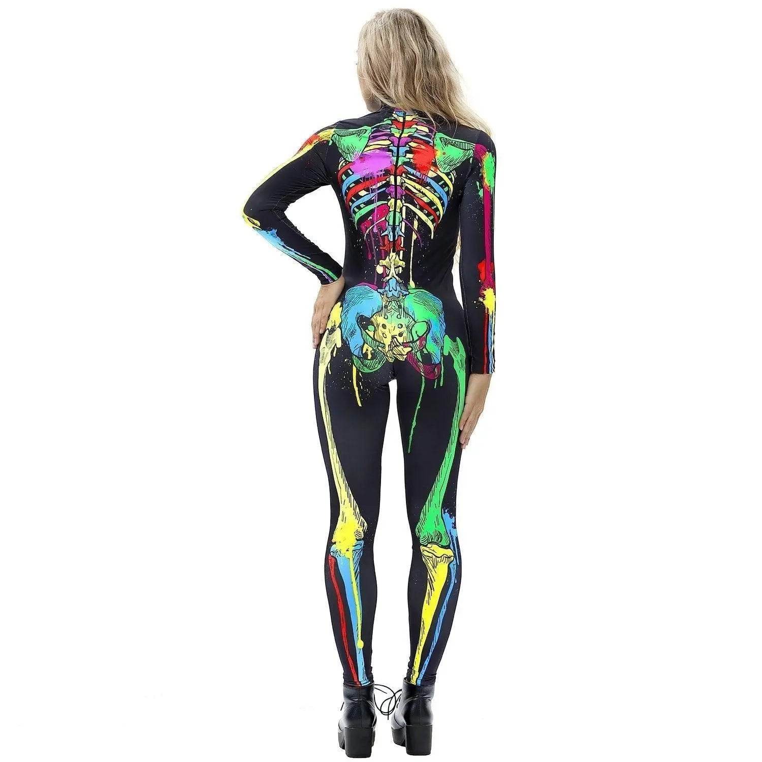 Coloful Skull Halloween Cosplay Costume Bodycon Jumpsuit for Women - zzcosplay