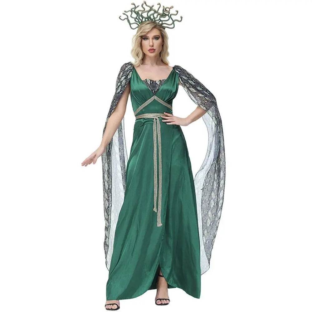 Dark green snake print slit dress mythical siren Medusa dress Halloween Costumes for adult - zzcosplay