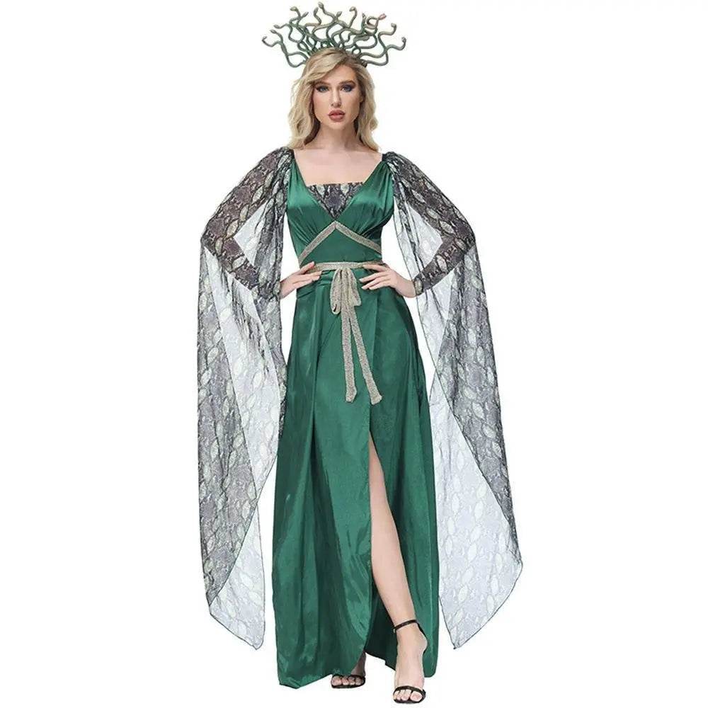 Dark green snake print slit dress mythical siren Medusa dress Halloween Costumes for adult - zzcosplay