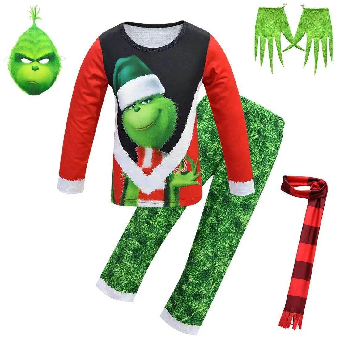 Green Monster Grinch Kids Boys Costume Mask Golves Set Christmas Gift - zzcosplay