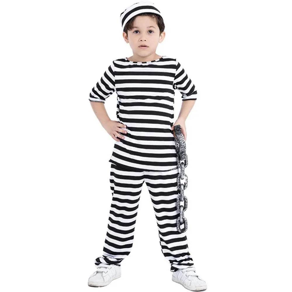 Halloween Adult Kid Striped Prison Costume Hat Top Pants Dress Set - zzcosplay