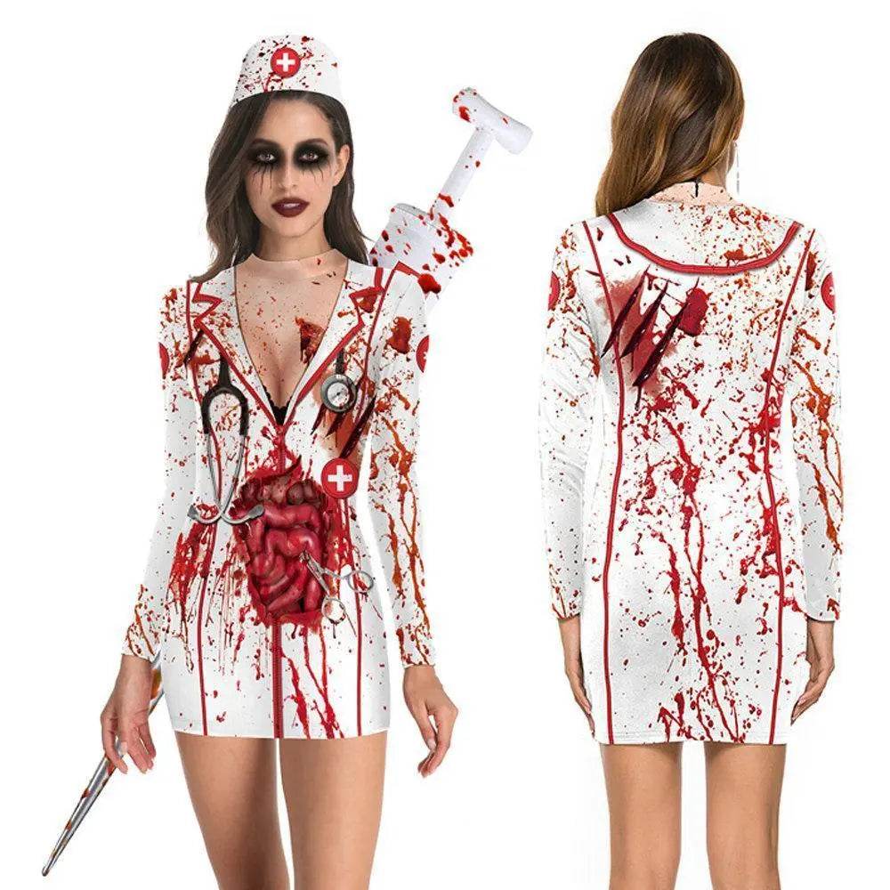 Halloween Nurse Blood Dress Cosplay Costume For Women - zzcosplay