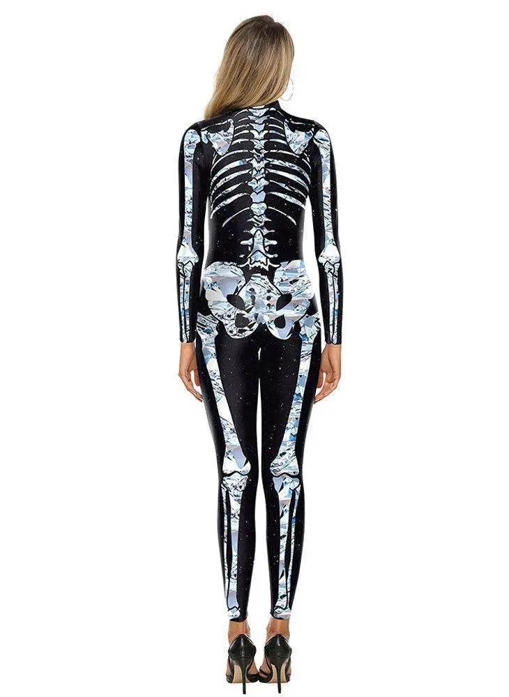 Halloween White Skeleton Elastic Bodycon Jumpsuit Cosplay Costume - zzcosplay