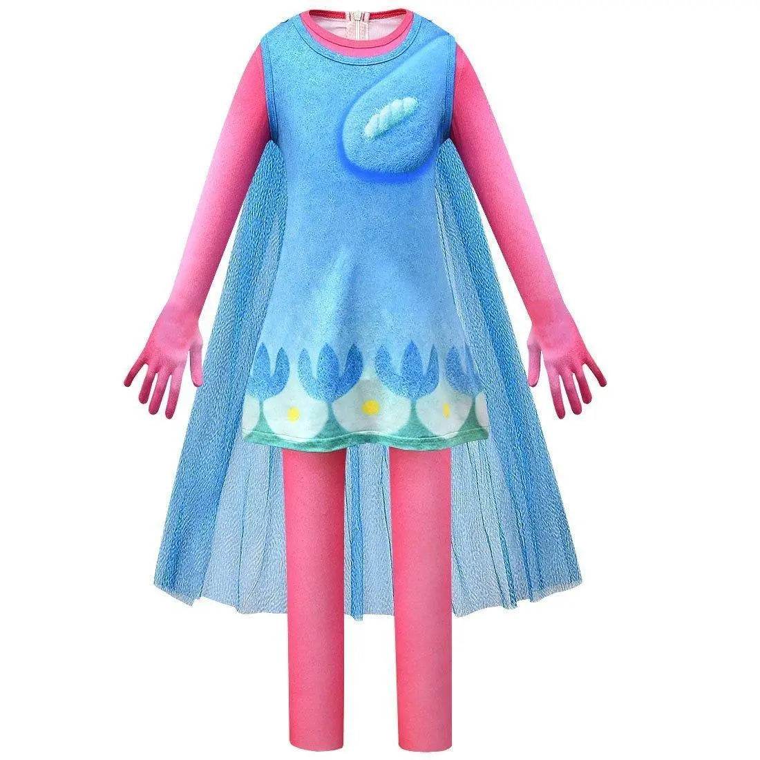 Kids Girl Trolls 2 World Tour Poppy Costume Cosplay ZenTai Short Sleeve Cape Dress - zzcosplay