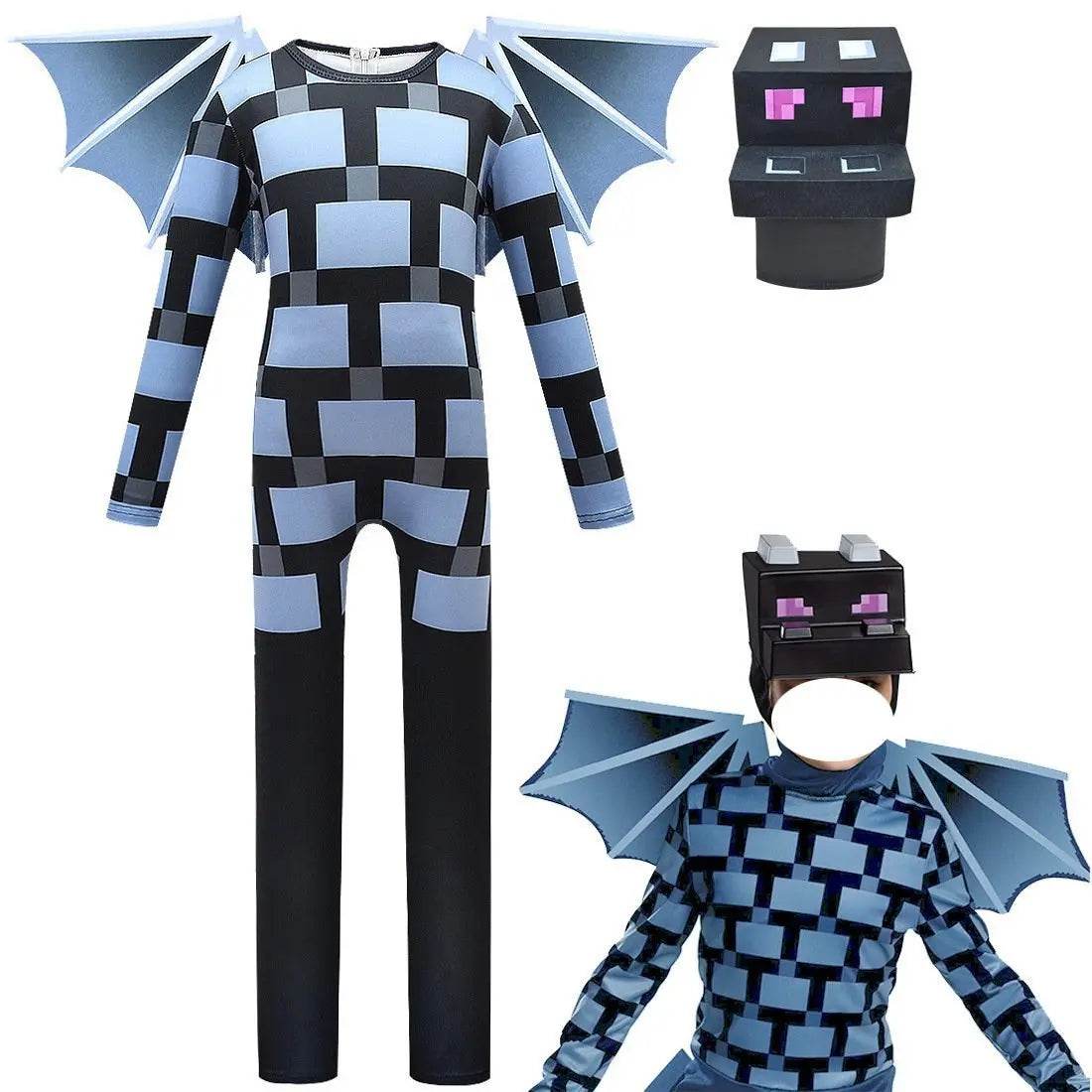 Kids Minecraft Ender Dragon Cosplay Costume Halloween jumpsuits onesies with Wings - zzcosplay