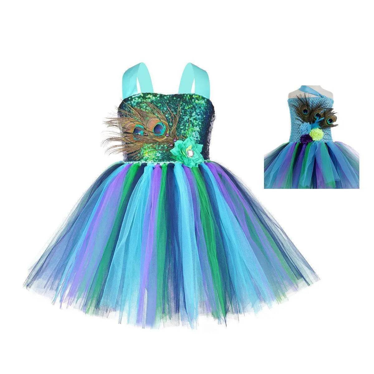 Kids Sequin Peacock Feather Costume Girls Easter Carnival Party Dress - zzcosplay