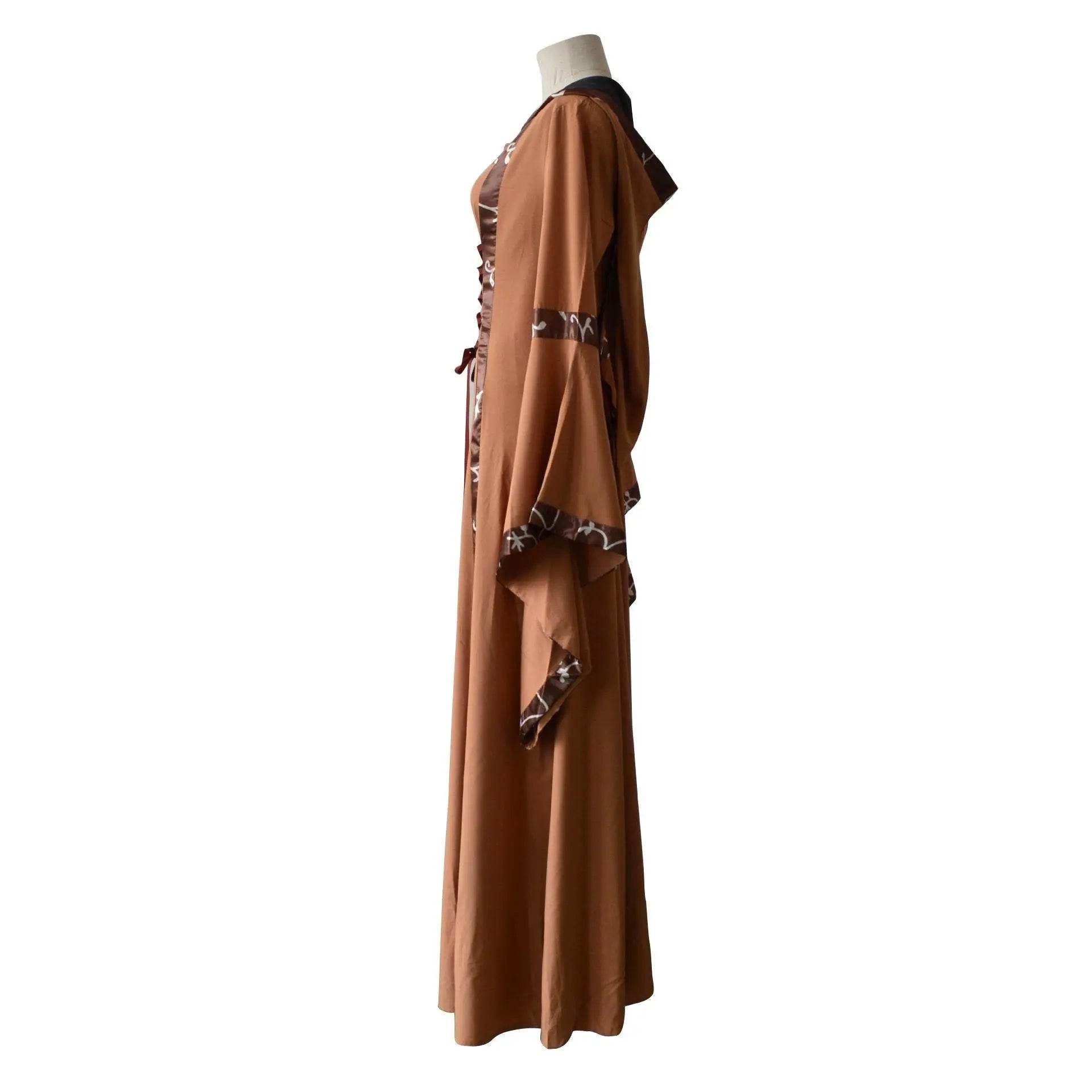 Medieval Retro Hooded Dress Costume Square Neck Tie Trumpet Sleeves Big Swing Skirt - zzcosplay